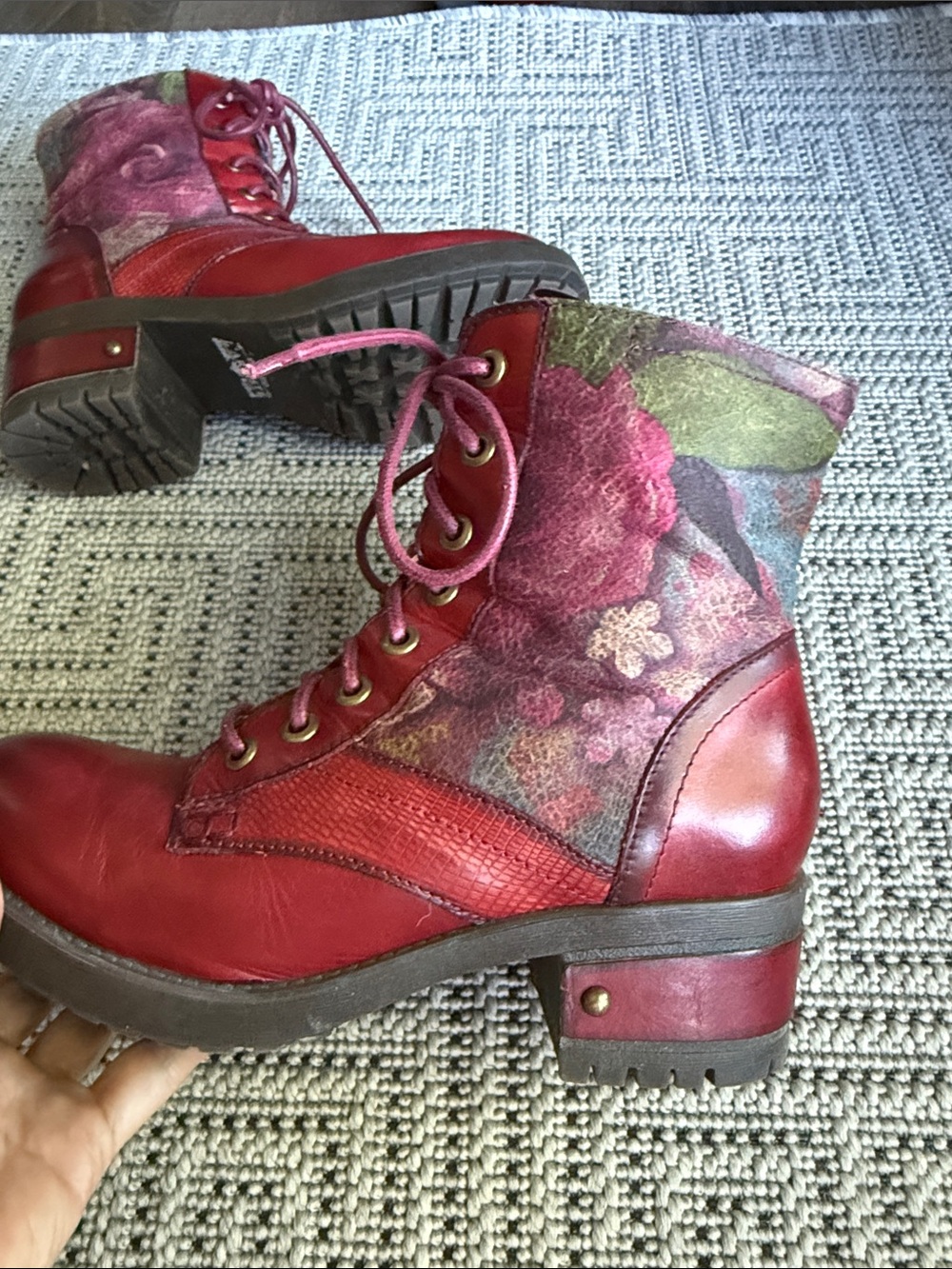 Women's Red Lace-Up Mixed-Material Ankle Boots - Picture 5 of 7